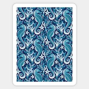 Monochrome Blue and White Seahorses and Starfish Pattern Sticker